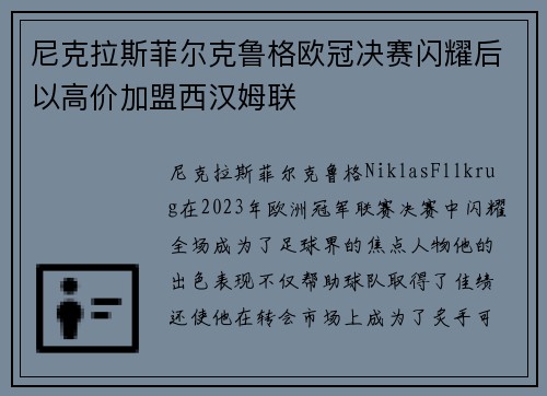 尼克拉斯菲尔克鲁格欧冠决赛闪耀后以高价加盟西汉姆联