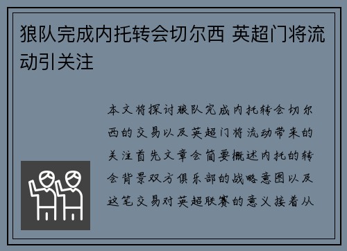 狼队完成内托转会切尔西 英超门将流动引关注